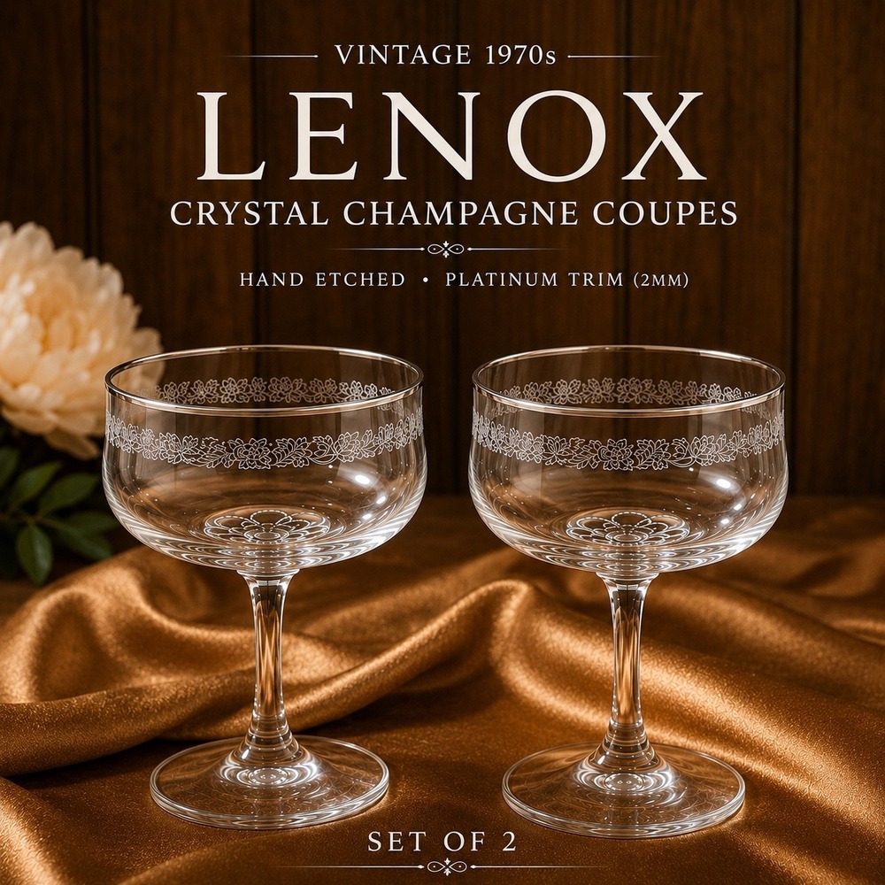 Lenox Crystal Champagne Coupes Vintage 1970s Hand Etched Platinum Trim Set of 2